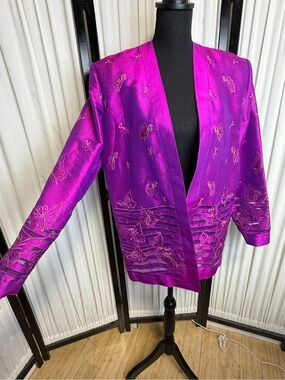 Vintage 100% Thai Silk Purple Gold-tone Embroidered Open Kimono Jacket